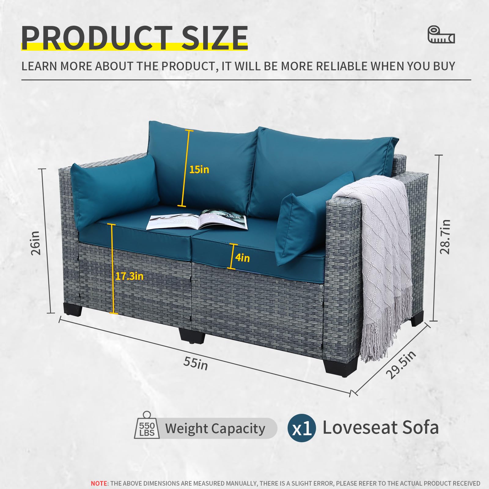 Lviden Outdoor Patio Loveseat Sofa, 2-Seater Small Couch, All Weather Wicker Love Seat Furniture with Peacock Blue Cushions, for Backyard, Garden, Porch, Deck, Balcony