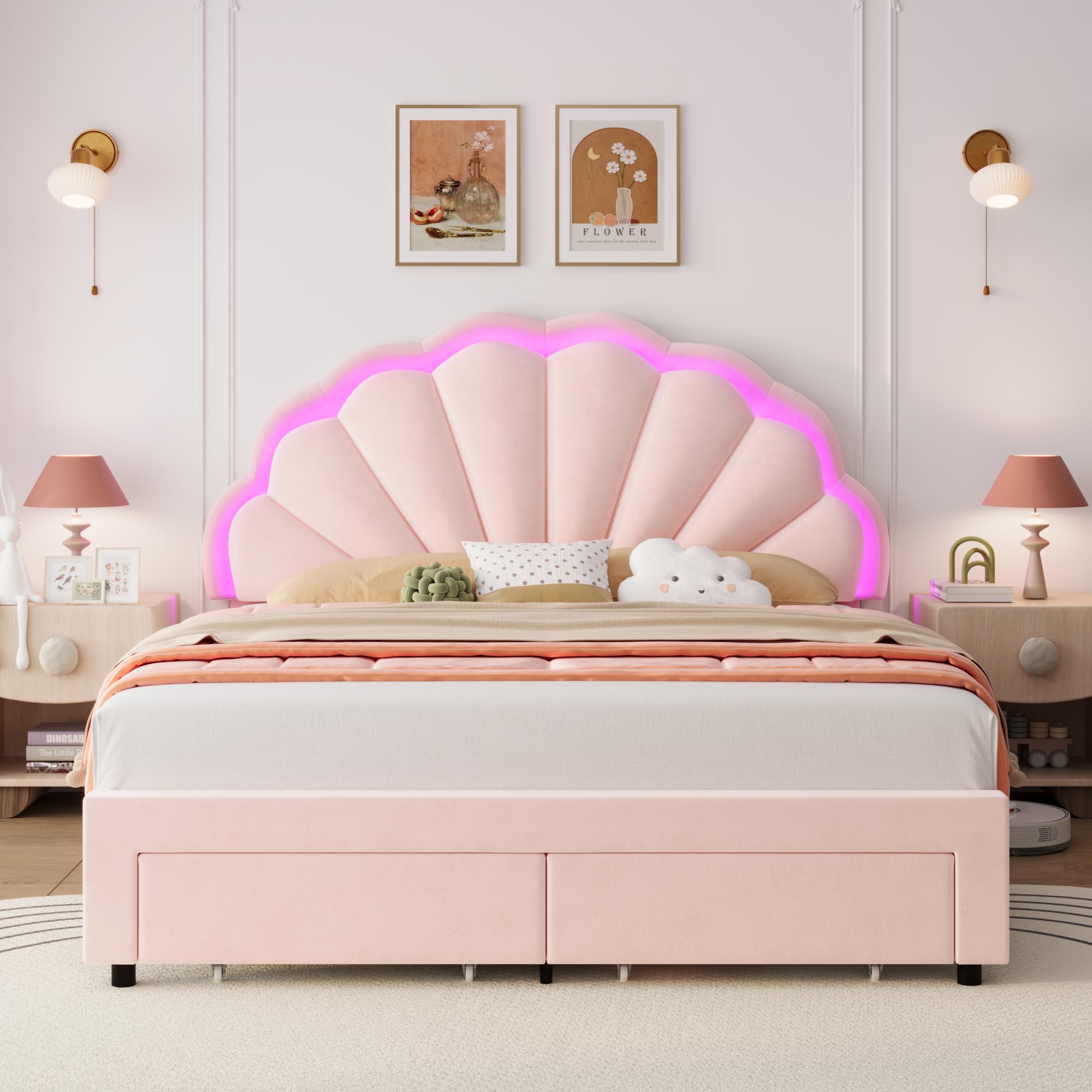 HIFIT Full Size Upholstered Smart LED Bed Frame with 2 Storage Drawers and Adjustable Chic Double Petal Headboard, Princess Platform Bed for Girls, Solid Wood Slats Support/No Box Spring Needed, Pink