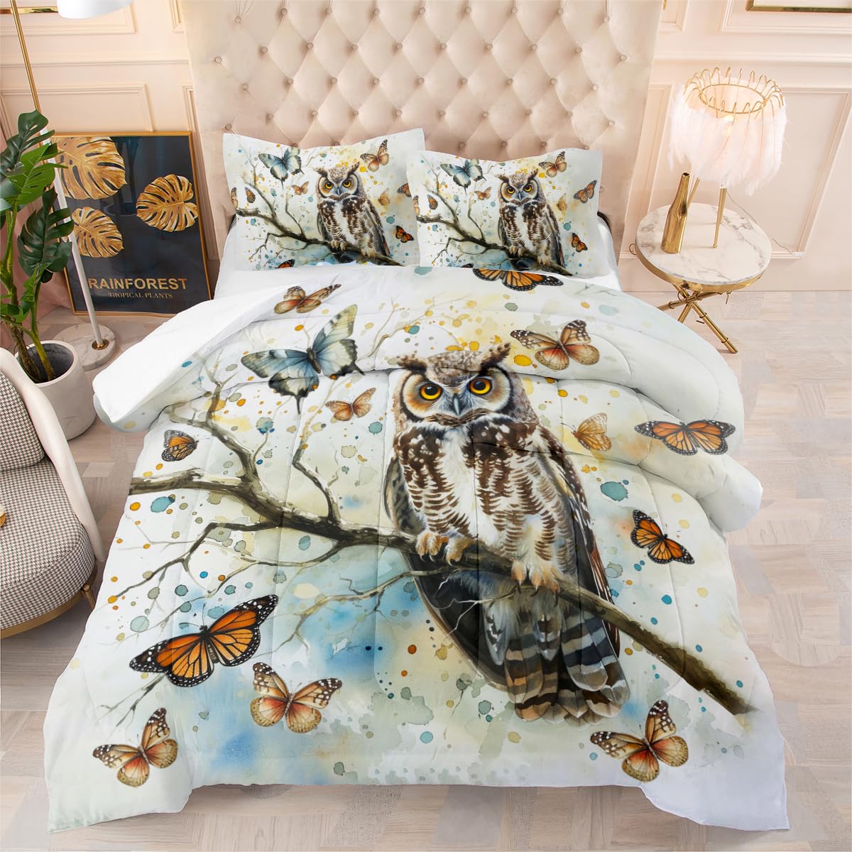 CCoutueChen Owl Bedding Set Queen Size for Girls Boys Kids 3D Animal Printed Comforter Set White Blue Butterfly Bedding Sets 3 Piece Soft Microfiber Down Alternative Comforter Sets with 2 Pillowcases