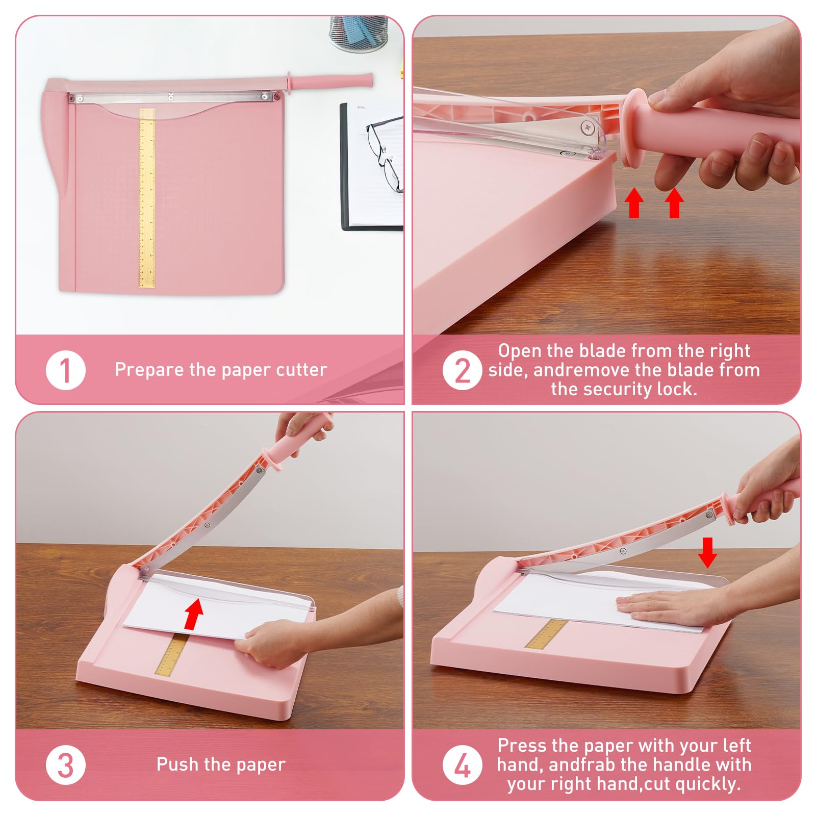 Paper Cutter, Paper Trimmer with Safety Guard, 12" Cut Length Paper Slicer with 16 Sheet Capacity Paper Cutting Board,Guillotine Paper Cutters and Trimmers for Cardstock Cardboard Vinyl (Pink)