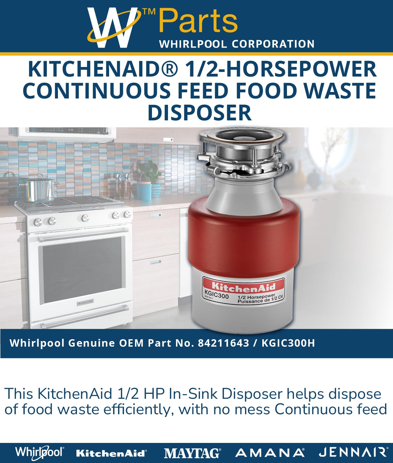 KitchenAid 84211643 1/2-Horsepower Continuous Feed Waste Food Disposer, Red