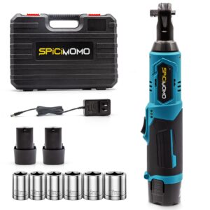 SPICIMOMO Cordless Electric Ratchet Wrench Set, 18V 40Ft-lbs Power Ratchet Kit 3/8" with 2 Packs 2.0 Ah Batteries, Included 6 Sockets and Charger, Variable Speed & LED Light