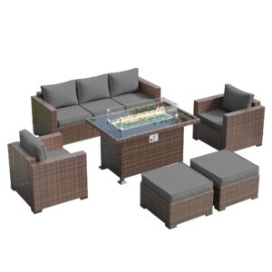 Amopatio Outdoor Patio Furniture Sets, 8 Pieces Wicker Patio Furniture, Outdoor Sectional Patio Couch Set with Ottoman, Outdoor Conversation Set with 44" Gas Fire Pit for Outside (Grey)