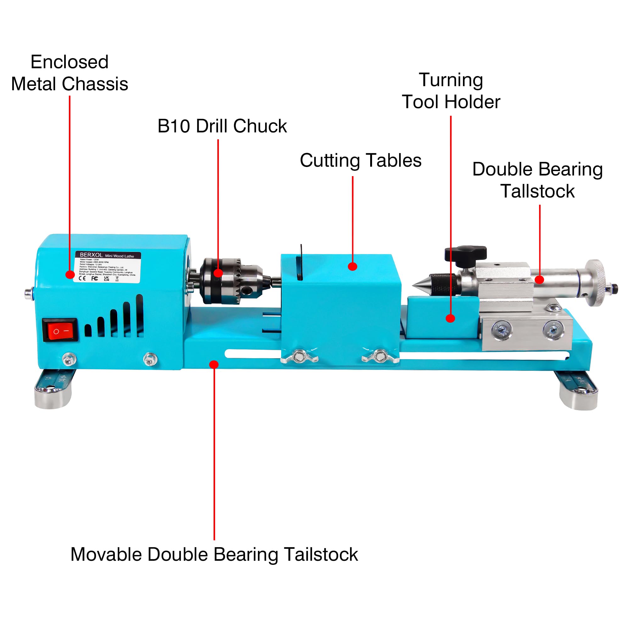 BERXOL Mini Wood Lathe Machine, 12V- 24VDC,7 Variabla Speeds 4000-9000 RPM, with Wood Lathe Milling Accessories, for Wood Polishing, Grinding, Cutting and Milling DIY … (A)