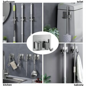 Mop Broom Holder No Drill StainlessSteel, Mop Broom Organizer Wall Mounted Heavy Duty with Hooks Hanger,Anti-Slip Adhesive Hook Broom Holder Wall Mount，Self Adhesive 4Pcs for Bathroom, Kitchen, Office