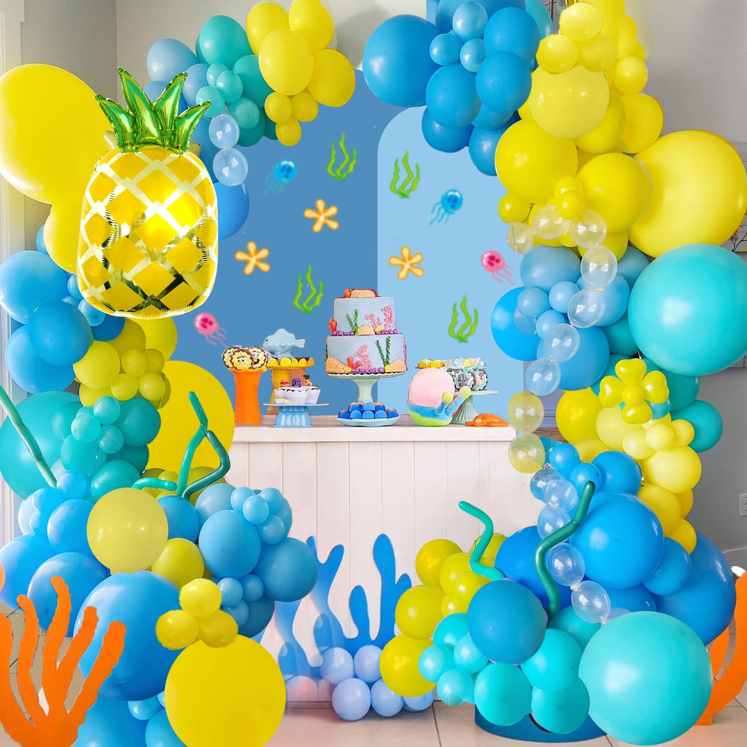 144pcs Cartoon Sponge Balloons Party Decorations,Sponge Theme Balloon Garland Arch Kit, Yellow Blue Clear Balloon Arch For Cartoon Sponge Birthday Baby Shower Party Supplies (blue)