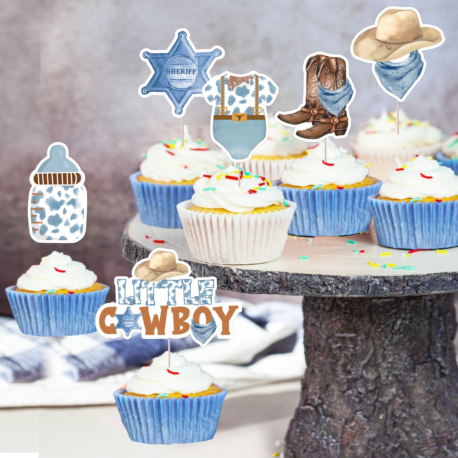 JOYMEMO 24 Pcs Little Cowboy Baby Shower Cupcake Toppers - Blue Brown Western Cowboy Baby Shower Decorations, Double Sided Wild West Baby Shower Cake Decor for Pregnancy Celebration Newborn Party