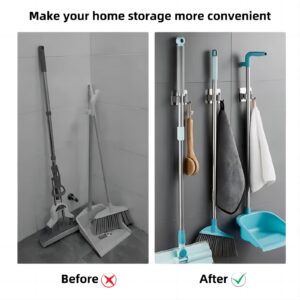 Mop Broom Holder No Drill StainlessSteel, Mop Broom Organizer Wall Mounted Heavy Duty with Hooks Hanger,Anti-Slip Adhesive Hook Broom Holder Wall Mount，Self Adhesive 4Pcs for Bathroom, Kitchen, Office