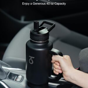 Trebo 40 oz Water Bottle Insulated Fit Car Cup Holder with Handle, Stainless Steel Water Bottles Tumbler with Spout Straw Lids, Double Wall Travel Reusable Flask, Leakproof Mug,Keep Cold &Hot,Black