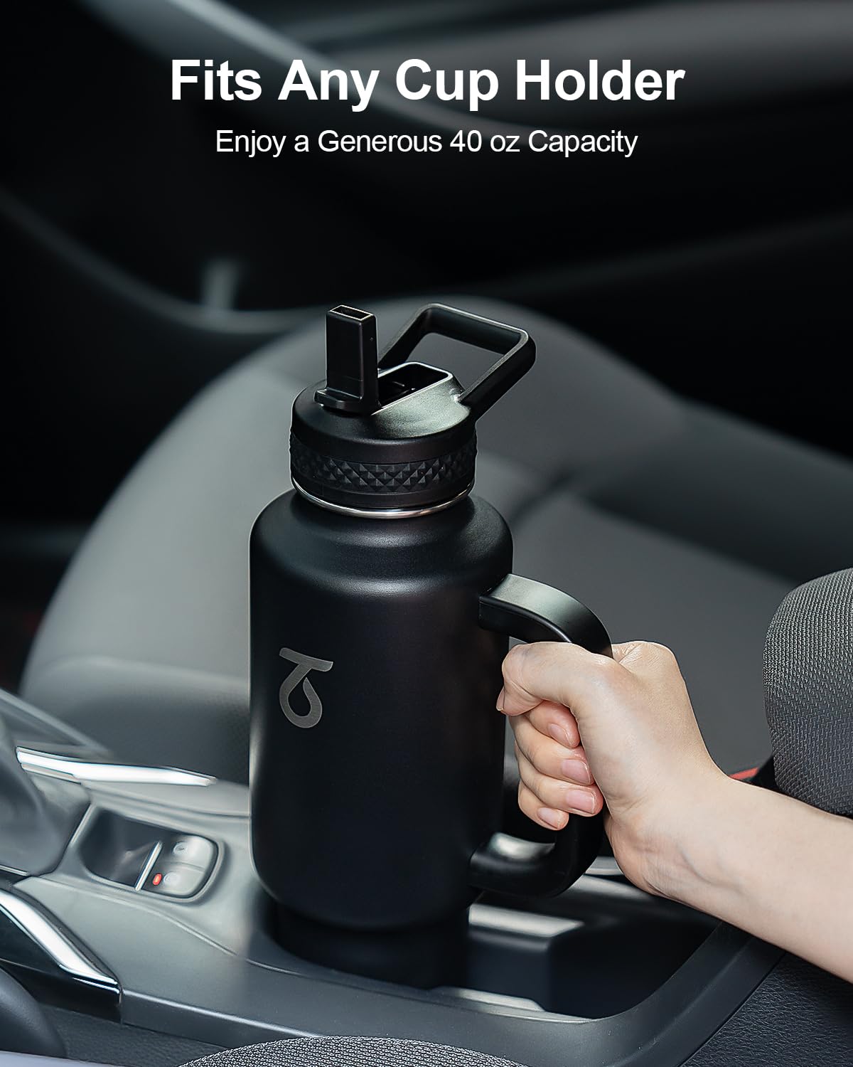 Trebo 40 oz Water Bottle Insulated Fit Car Cup Holder with Handle, Stainless Steel Water Bottles Tumbler with Spout Straw Lids, Double Wall Travel Reusable Flask, Leakproof Mug,Keep Cold &Hot,Black