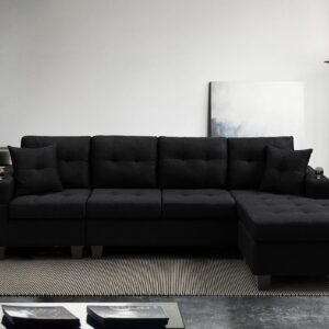 GINGVAT L Shaped Upholstered Sectional Sofa, Modern Fabric Couch with Reversible Chaise and 2 Cupholders, Living Room Furniture Fashion Design, Black