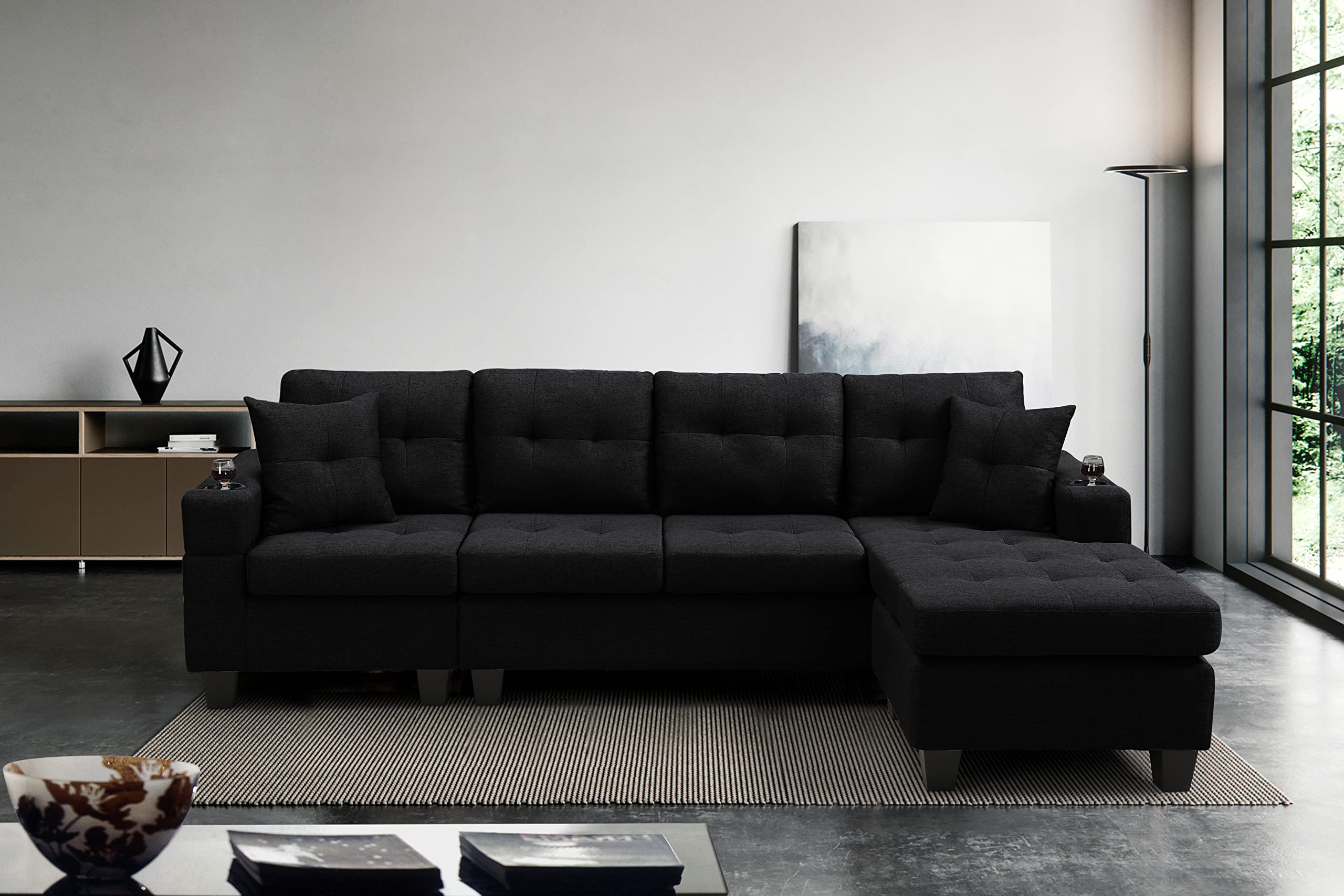 GINGVAT L Shaped Upholstered Sectional Sofa, Modern Fabric Couch with Reversible Chaise and 2 Cupholders, Living Room Furniture Fashion Design, Black