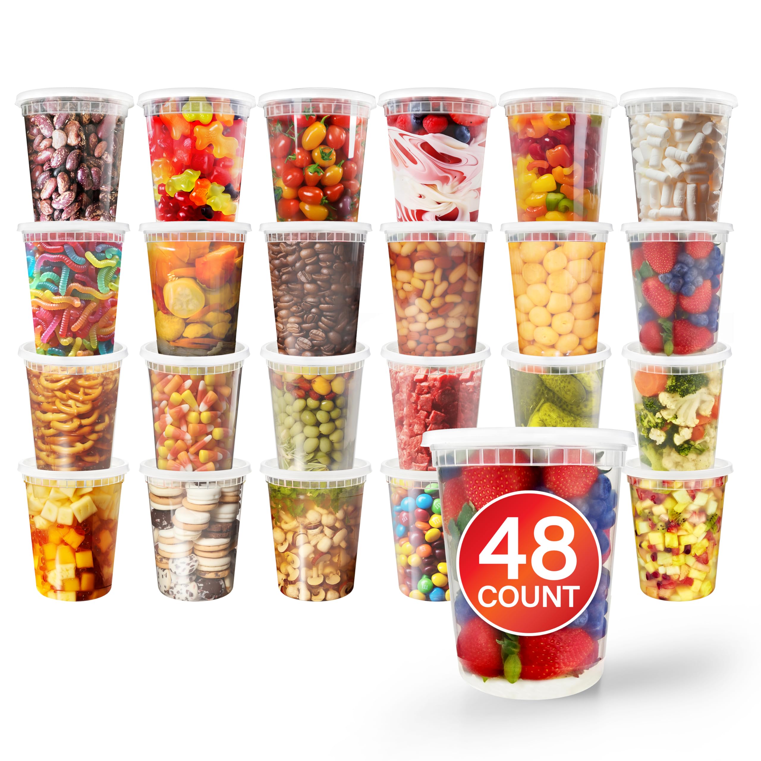 Stock Your Home 32oz Plastic Deli Containers with Lids (48 Pack), Disposable Plastic Food Storage Containers with Lids, Reusable Freezer Containers, To Go Soup Containers with Lids, Microwave Safe