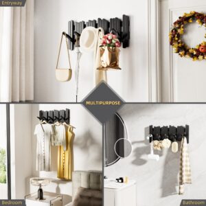 Space Saving Black Coat Rack Wall Mount, Wood Coat Hanger Wall Mount, Bamboo Entryway Hooks, Unique Wall Mounted Coat Rack for Hanging Keys, Hats, Purse, Towels and More (5 Flip-Down Hooks)