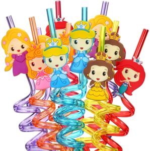 lidmada 25pcs princess party favors straws with 2 cleaning brushes, 5 designs reusable plastic straws great for princess themed birthday party supplies for girls kids