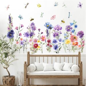 9 Pieces Flowers Wall Decals Flower Decals for Walls Vinyl Flowers Wall Stickers Peel and Stick Removable Butterfly Spring Floral Wall Decals Wall Art Decals Decor for Girls Bedroom Living Room