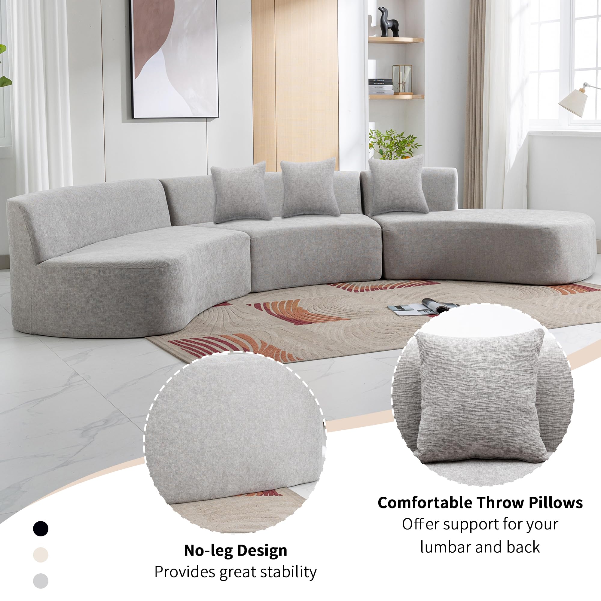 Merax Stylish Curved Sectional Sofa with Three Throw Pillows, Chenille Upholstered Modular Sleeper Couch for Living Room, Bedroom, Guest Rooms, No Assembly Required, Grey