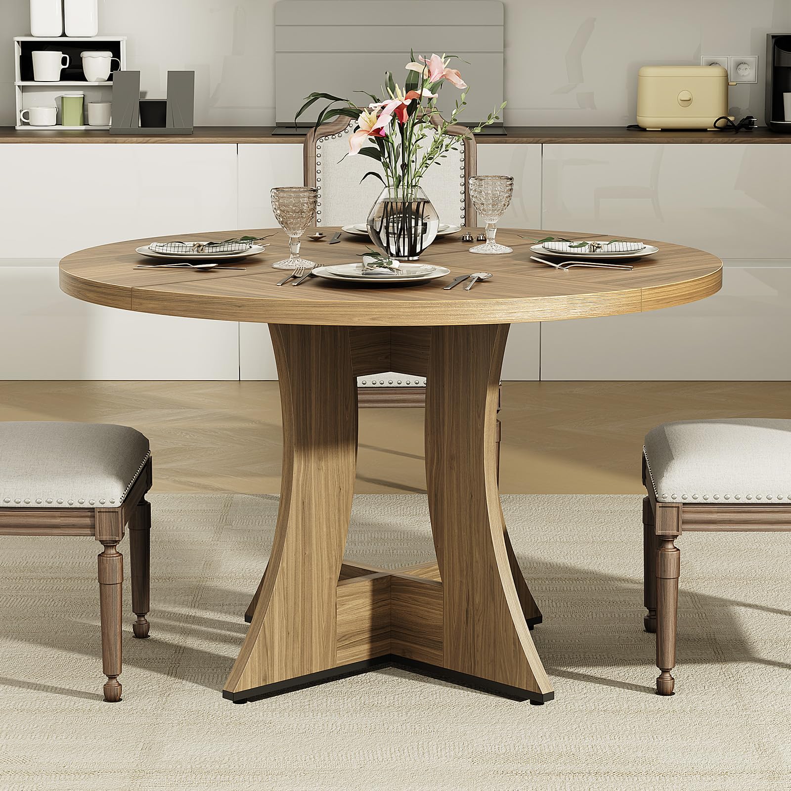 ONBRILL Round Dining Table for 4-6 Person, 47.24 Inch Kitchen Table Modern American Style, Wooden Dinner Room Table for Home Dining Room Kitchen Living Room, Light Brown (Only Table)