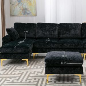 OUYESSIR U-Shaped Sectional Sofa Couch, 4 Seat Sofa Set for Living Room, Convertible L-Shaped Velvet Couch Set with Chaise Lounge, Ottoman and Pillows,114 inches (Black)