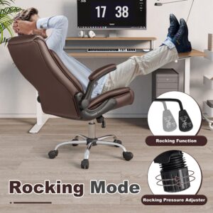 Shahoo Executive Office Chair, Ergonomic High Back with Adjustable Flip-up Armrest, Swivel Leather-Papped Seats with Lumbar Support, Brown