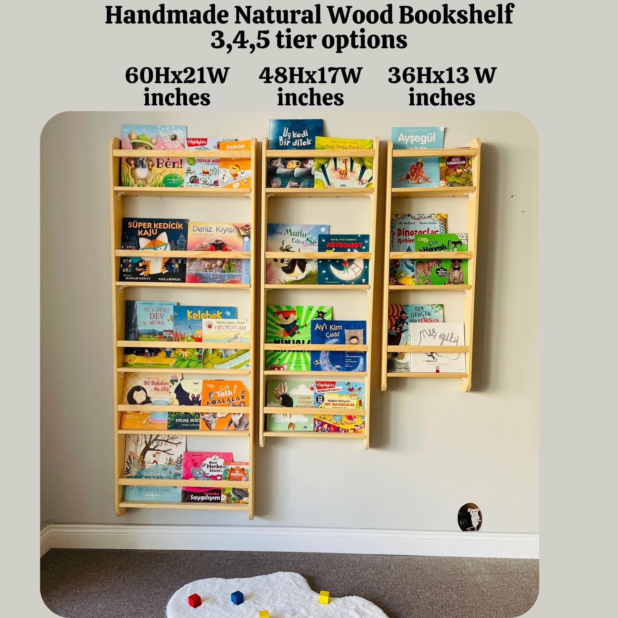 Furpinea Handmade Natural Solid Wood Montessori Narrow Kids Bookshelf, Wall Mounted Tall Skinny Book Shelf, Space Saver Book Rack for Nursery, Living Room 3-Tier, 4-Tier, 5-Tier (21, 5 Tier)