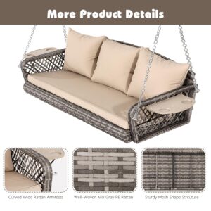 TOBYUL 3-Seats Outdoor Wicker Hanging Porch Swing Chair, Patio Swing Lounge with 2 Cup Holders,3 Back Cushions,1 Seat Cushion for Backyard Garden Park Deck