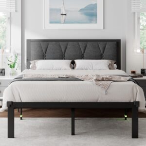 feonase queen size metal bed frame with fabric button tufted headboard, platform bed frame with heavy duty metal slats, 12" storage space, noise free, no box spring needed, dark grey