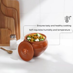 Set of 6 Natural Clay Stoneware Baking Pots with Oven Fork (0.5-Qt each) Stoneware Ramekins with Lids & 1 Oven Fork - 16.9 fl oz (500 ml) - Clay Pots for Cooking, Dutch Oven Pot With Lid