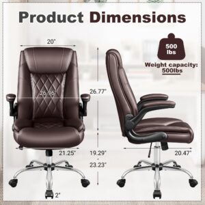 Shahoo Executive Office Chair, Ergonomic High Back with Adjustable Flip-up Armrest, Swivel Leather-Papped Seats with Lumbar Support, Brown