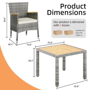 JAMFLY 5 Pieces Outdoor Patio Dining Set, Wicker Patio Furniture Set with Wood Table and 4 Chairs with Soft Cushions for Yard, Garden, Porch and Poolside (Grey)