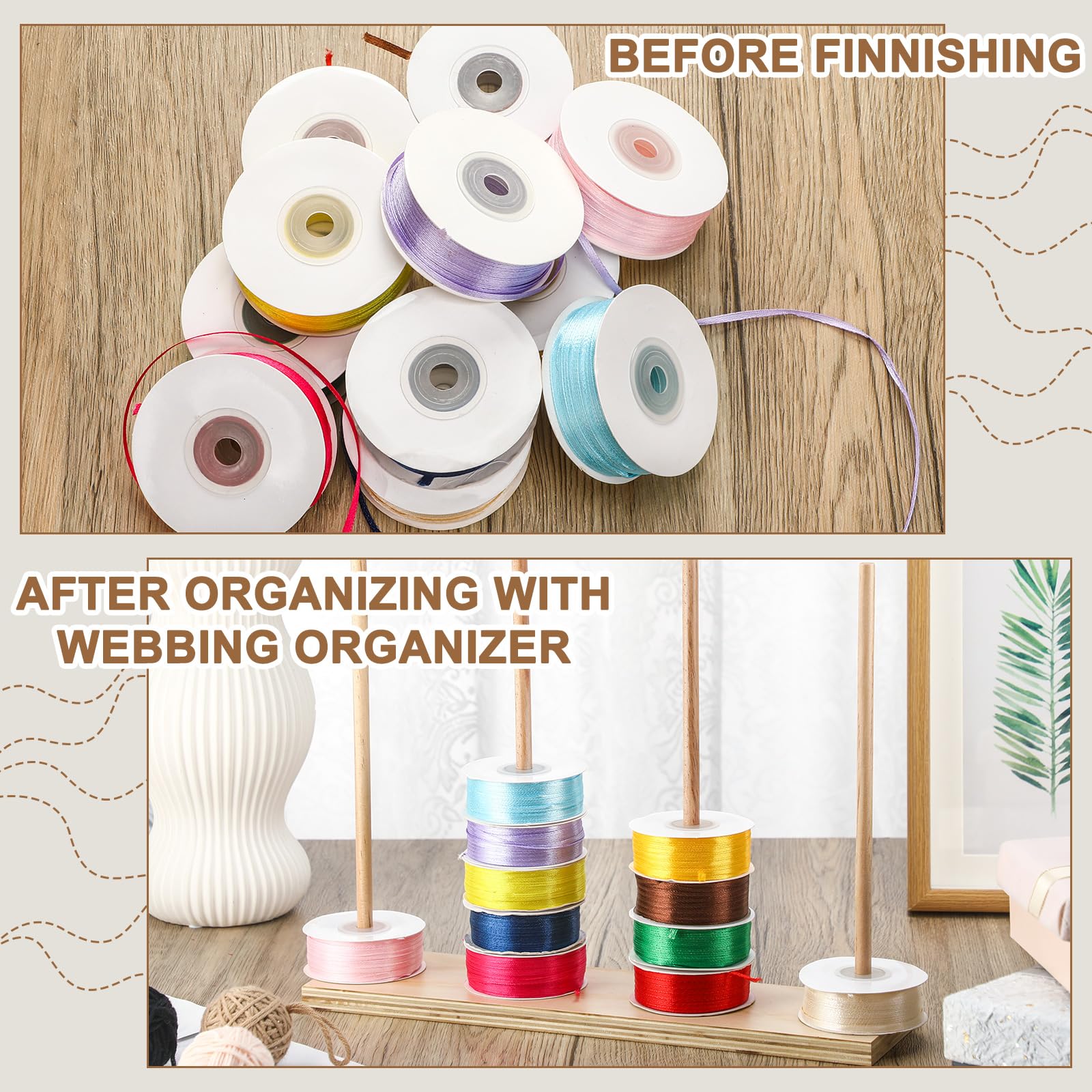 Threehoney Wooden Ribbon Rack Storage Ribbon Organizer Spool Holder Washi Tape Organizer Wire Spool Stand Holder for Sewing Craft Mesh Wreath Crochet Thread Tulle Roll Florist Arts Wrapping Gift