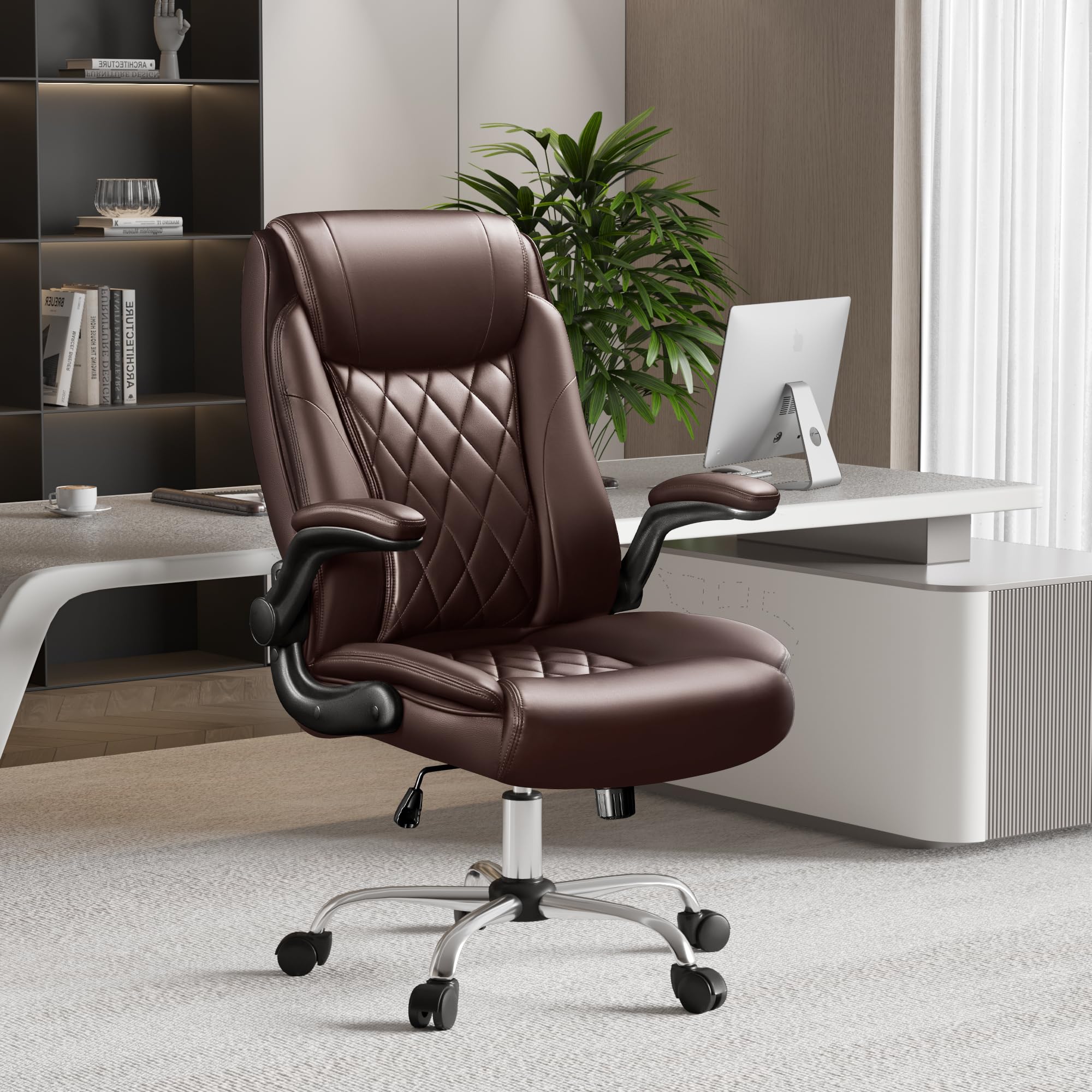 Shahoo Executive Office Chair, Ergonomic High Back with Adjustable Flip-up Armrest, Swivel Leather-Papped Seats with Lumbar Support, Brown