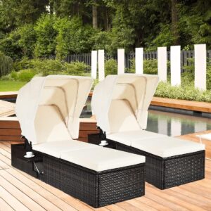 HAPPYGRILL Patio Chaise Lounge with Retractable Canopy Set of 2, Outdoor Reclining Chair with Adjustable Backrest, Rattan Wicker Daybed with Coffee Table Sun Lounger for Beach Poolside Backyard Porch