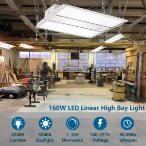 160W LED Linear High Bay Light Fixture, 1-10V Dimmimg LED Linear Highbay Shop Lights, 5000K Daylight 22400LM(140LM/W) 100-277V for Garage, Factory, Workshop,Warehouse