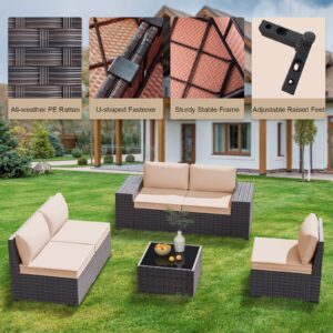 GREZJXC 3 Pieces Outdoor Sectional Patio Furniture Set with Fire Pit Table PE Rattan Wicker Patio Sectional Conversation Set with Cushions Beige