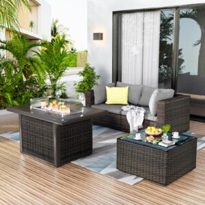 grezjxc 4 pieces outdoor sectional patio furniture set with fire pit table,pe rattan wicker patio sectional conversation set with cushions and glass coffee table grey