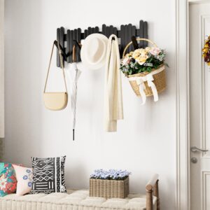 Space Saving Black Coat Rack Wall Mount, Wood Coat Hanger Wall Mount, Bamboo Entryway Hooks, Unique Wall Mounted Coat Rack for Hanging Keys, Hats, Purse, Towels and More (5 Flip-Down Hooks)