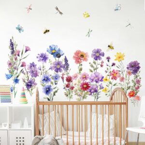 9 Pieces Flowers Wall Decals Flower Decals for Walls Vinyl Flowers Wall Stickers Peel and Stick Removable Butterfly Spring Floral Wall Decals Wall Art Decals Decor for Girls Bedroom Living Room