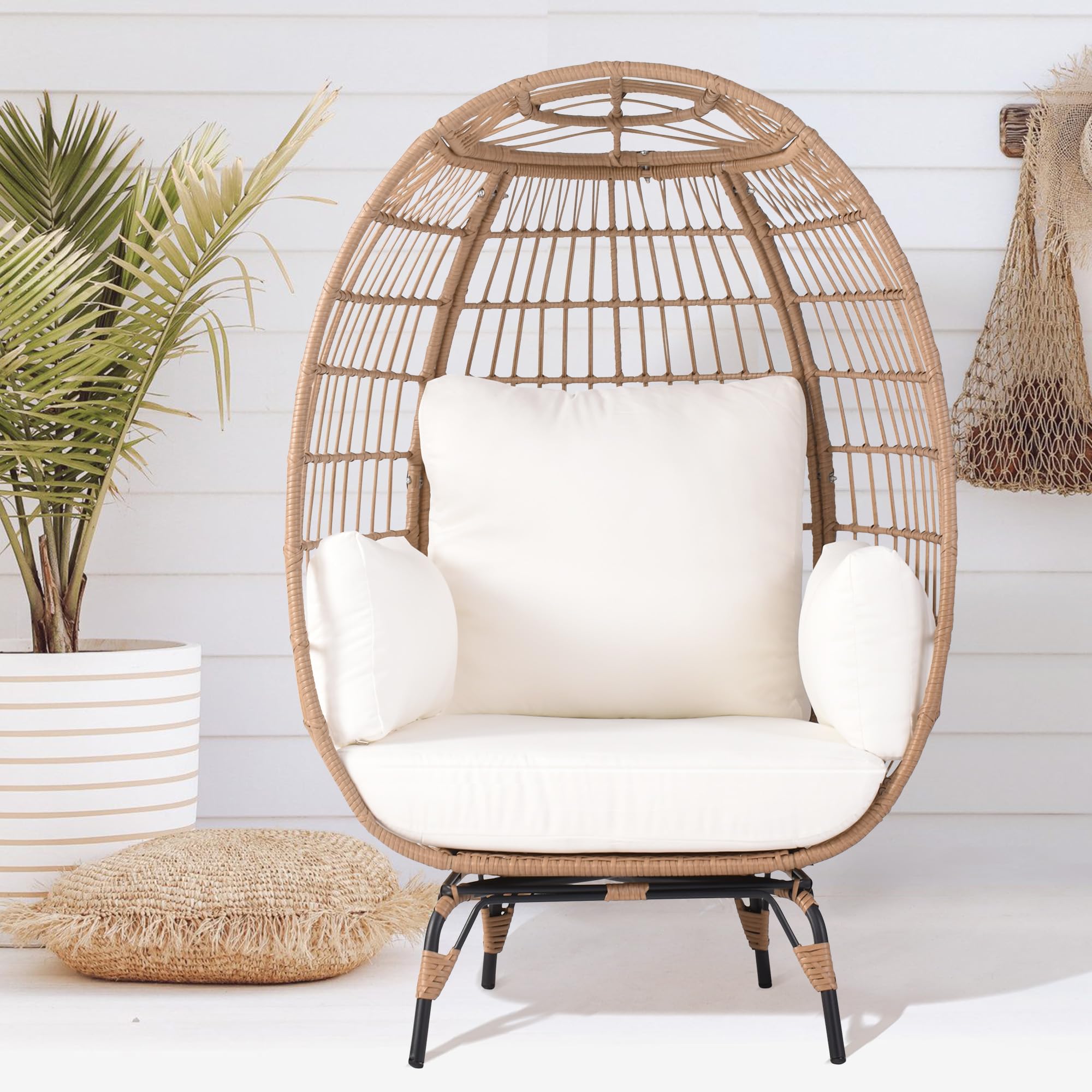 TYARDS Wicker Egg Chair, PE Rattan Chair with 4 Thicken Cushions, Patio Chairs 440 lbs Capacity, Oversized Indoor Outdoor Chairs with Strong Steel Frame Perfect for Balcony, Backyard, Living Room