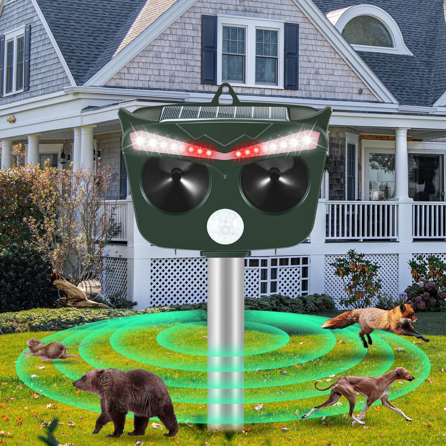 Jahy2Tech Ultrasonic Solar Animal Repeller Outdoor Animal Repellent with Motion Sensor,6 Frequency Setting,Loud Deterrence Sound,16 Flashing Lights,Deer Cat Dog Raccoon Squirrel Deterrent Device