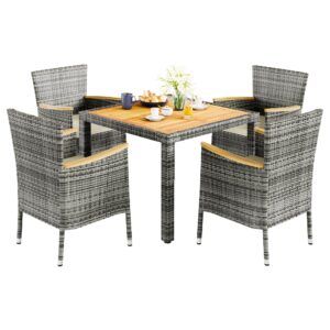 JAMFLY 5 Pieces Outdoor Patio Dining Set, Wicker Patio Furniture Set with Wood Table and 4 Chairs with Soft Cushions for Yard, Garden, Porch and Poolside (Grey)