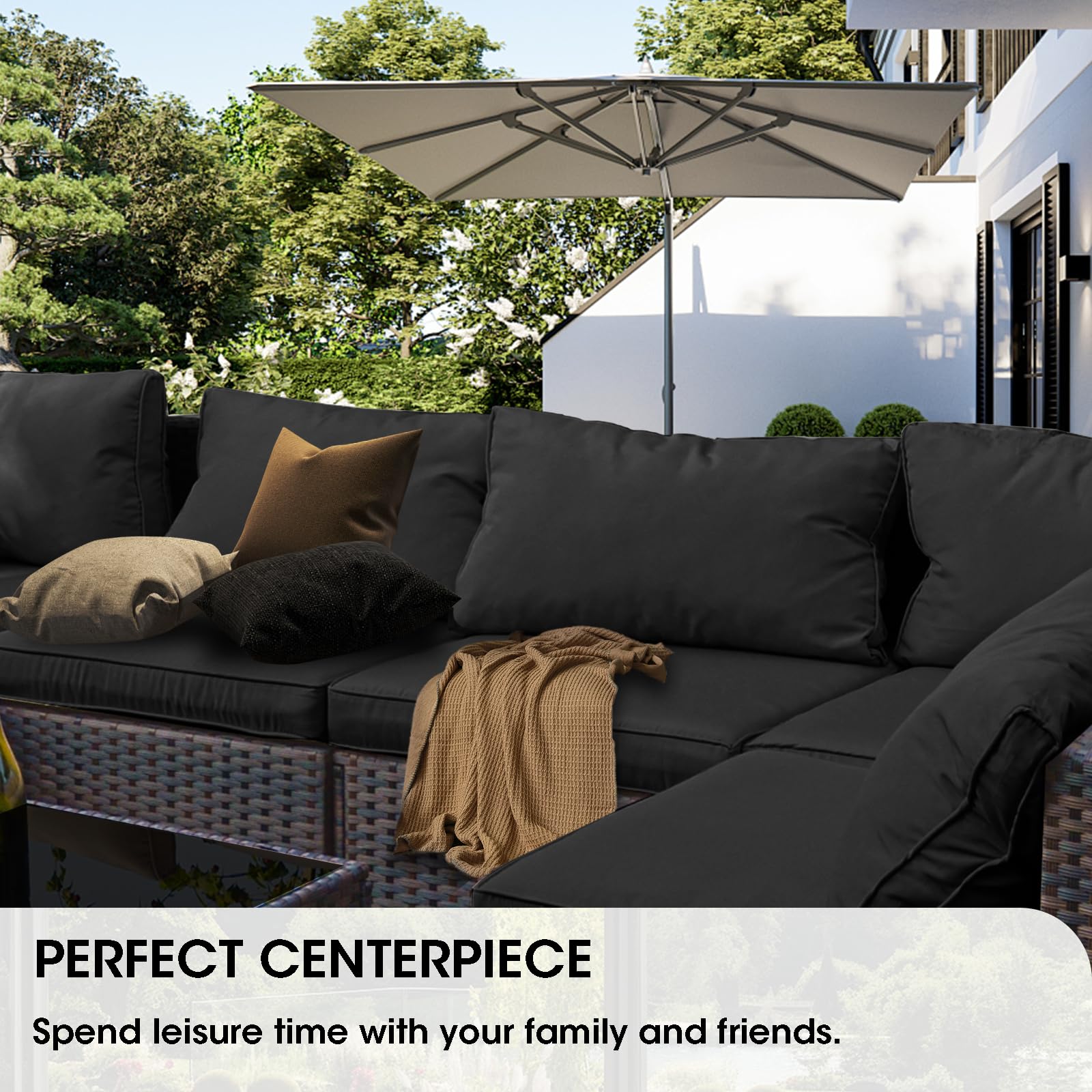 GREZJXC 3 Pieces Outdoor Sectional Patio Furniture Set with Fire Pit Table PE Rattan Wicker Patio Sectional Conversation Set with Cushions Black