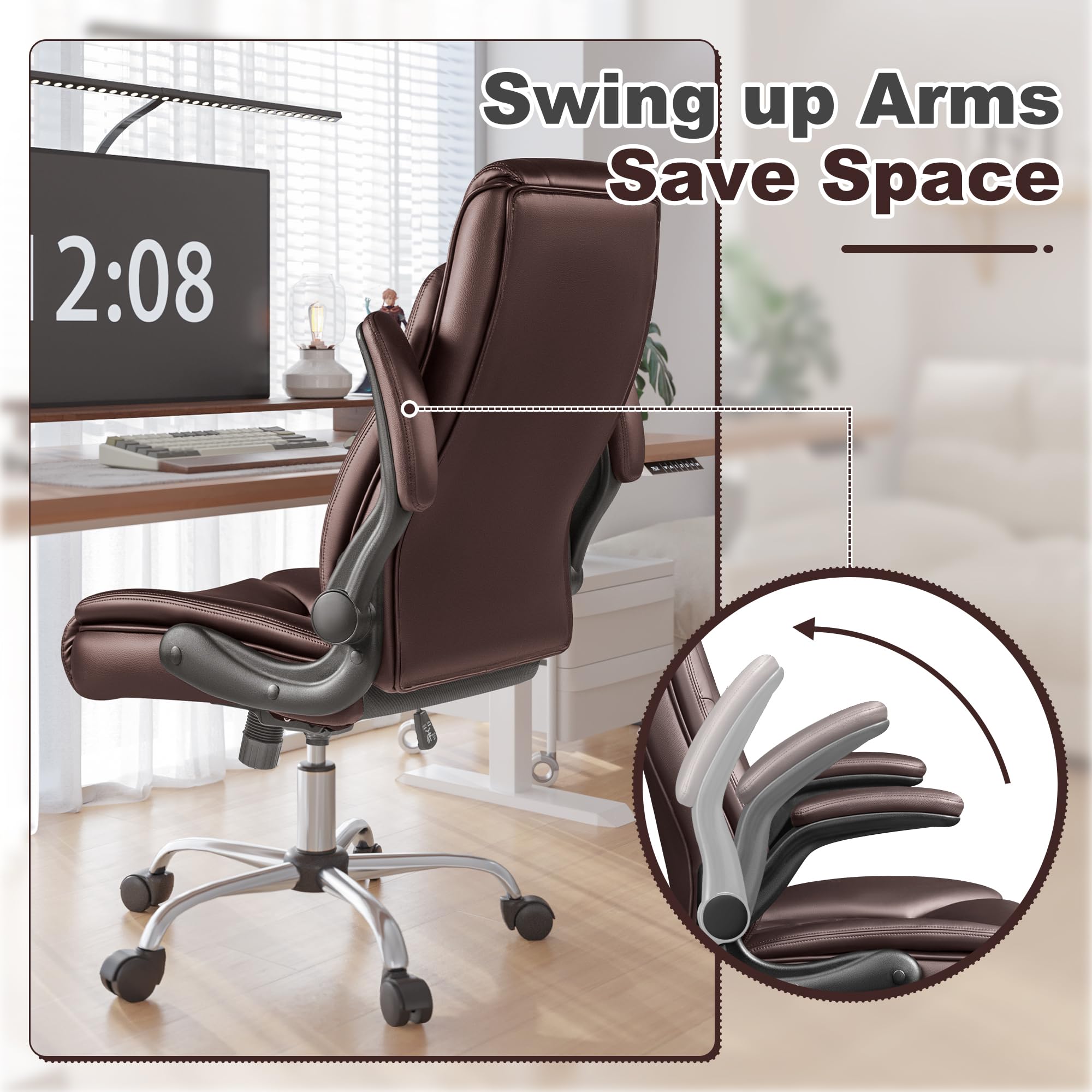 Shahoo Executive Office Chair, Ergonomic High Back with Adjustable Flip-up Armrest, Swivel Leather-Papped Seats with Lumbar Support, Brown