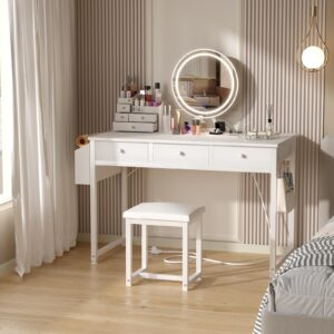 Lufeiya White Makeup Vanity Desk with Mirror and Lights, 40 inch Make Up Vanity Desks with Fabric Drawers & Power Outlet, Dressing Table and Chair Set for Girls Bedroom, White