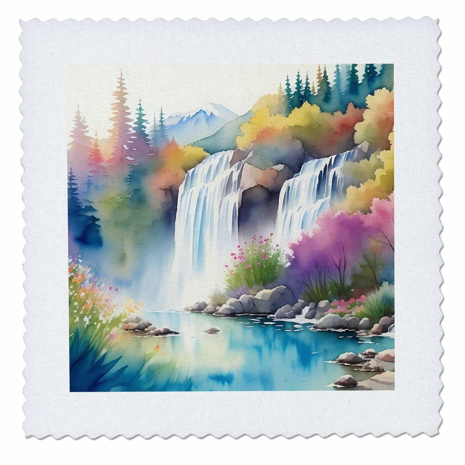 3dRose Pretty Image of Watercolor Water Falls Forest Background - Quilt Squares (qs-384192-5)