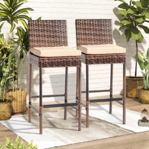 vingli outdoor bar stools set of 2 with cushions wicker bar stools, bar height patio chairs outdoor rattan stool for garden pool lawn backyard