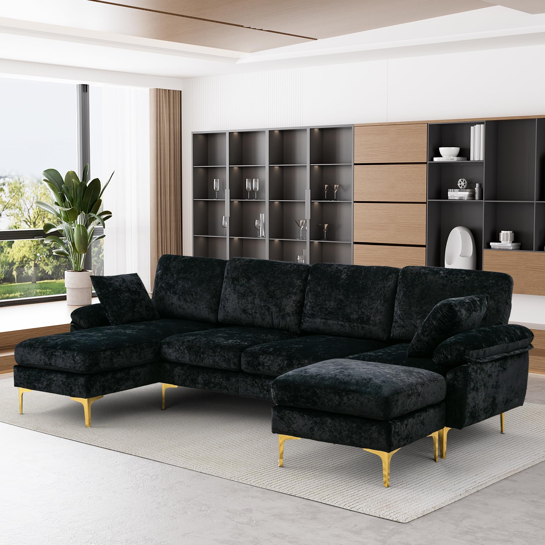 OUYESSIR U-Shaped Sectional Sofa Couch, 4 Seat Sofa Set for Living Room, Convertible L-Shaped Velvet Couch Set with Chaise Lounge, Ottoman and Pillows,114 inches (Black)