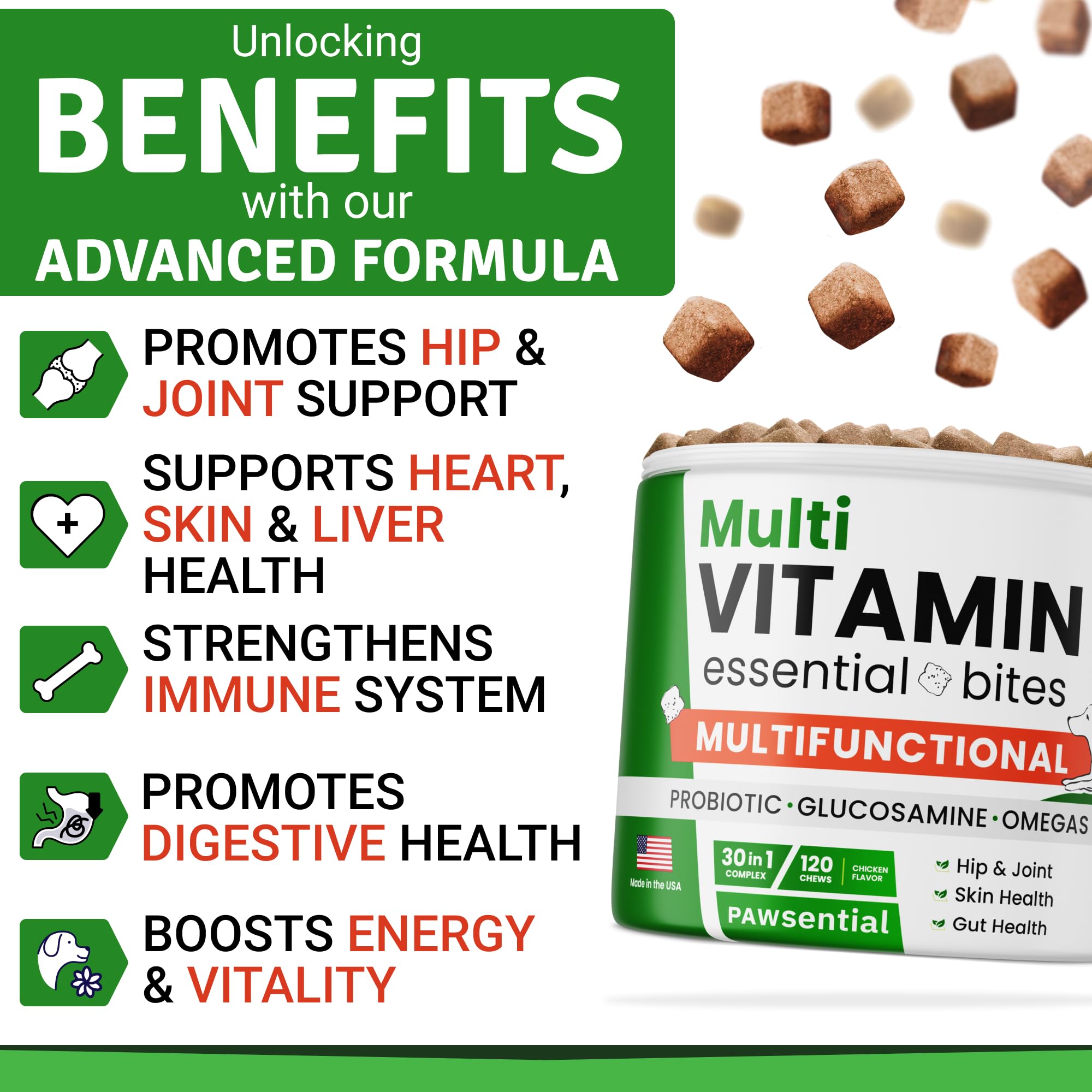 Dog Multivitamin Chewable Supplement - Dog Vitamins + Glucosamine, Omega, Probiotics - Hip & Joint Support, Skin & Coat, Gut Health - Adult & Senior Dog Treats