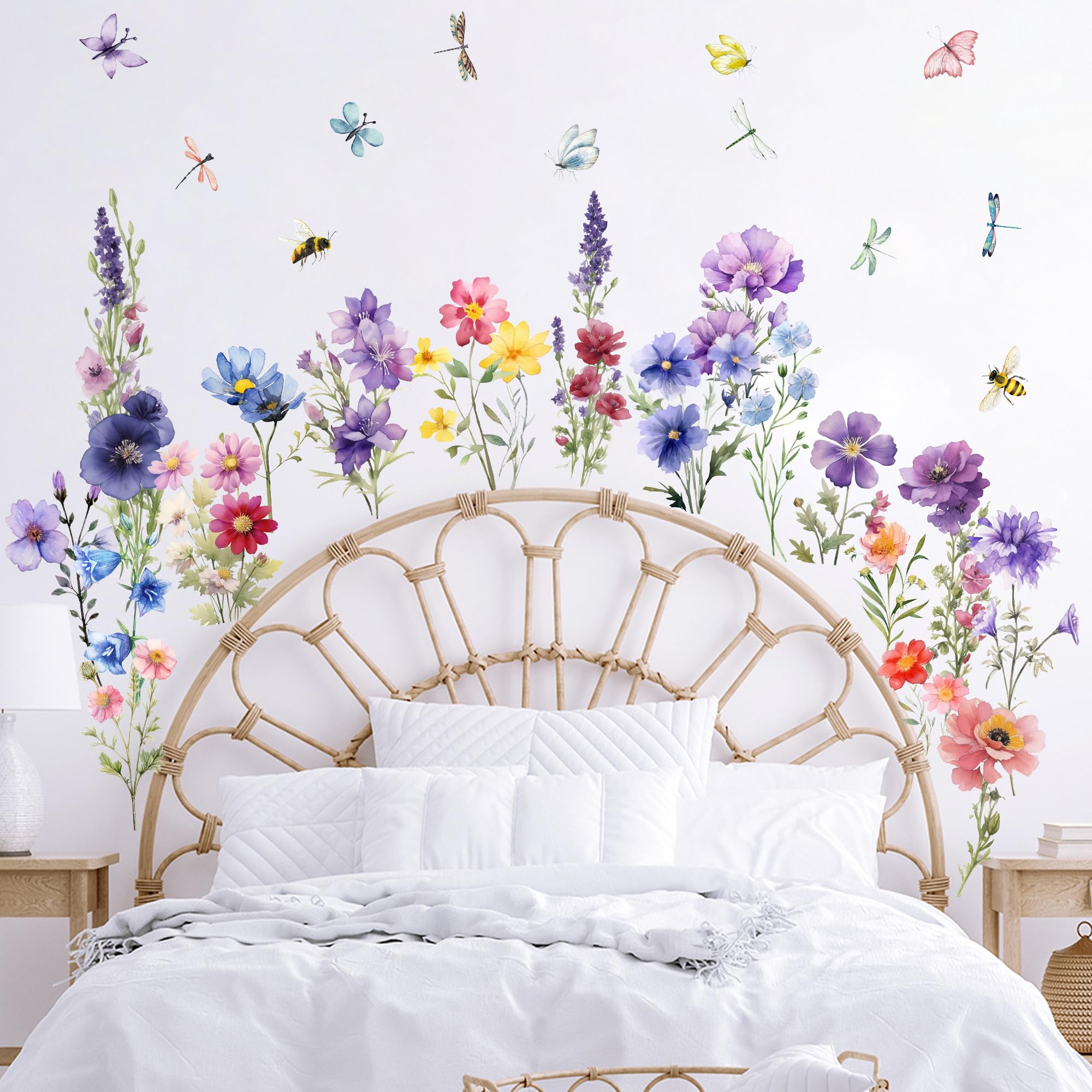 9 Pieces Flowers Wall Decals Flower Decals for Walls Vinyl Flowers Wall Stickers Peel and Stick Removable Butterfly Spring Floral Wall Decals Wall Art Decals Decor for Girls Bedroom Living Room