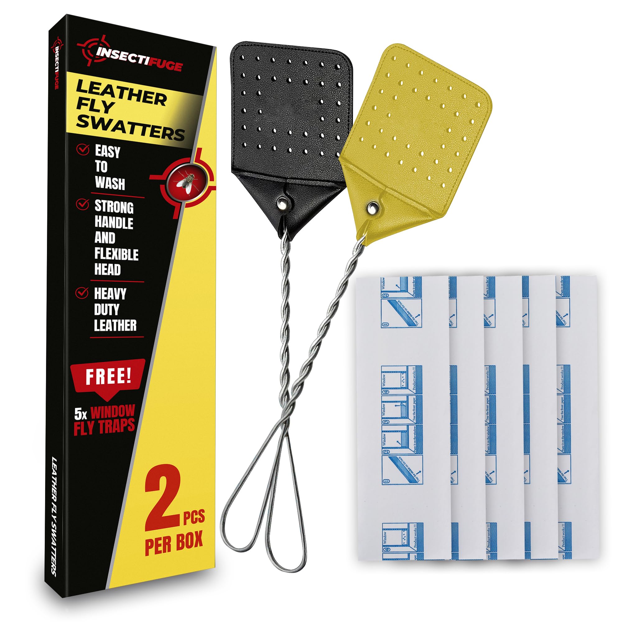 Insectifuge Leather Fly Swatter 2 Pack with 5 Window Fly Traps - Heavy Duty Fly Swatter Manual, Retractable Fly Swatter for Indoors Outdoors, Large Fly Swatters Multi Pack Long Handle, MATA Moscas